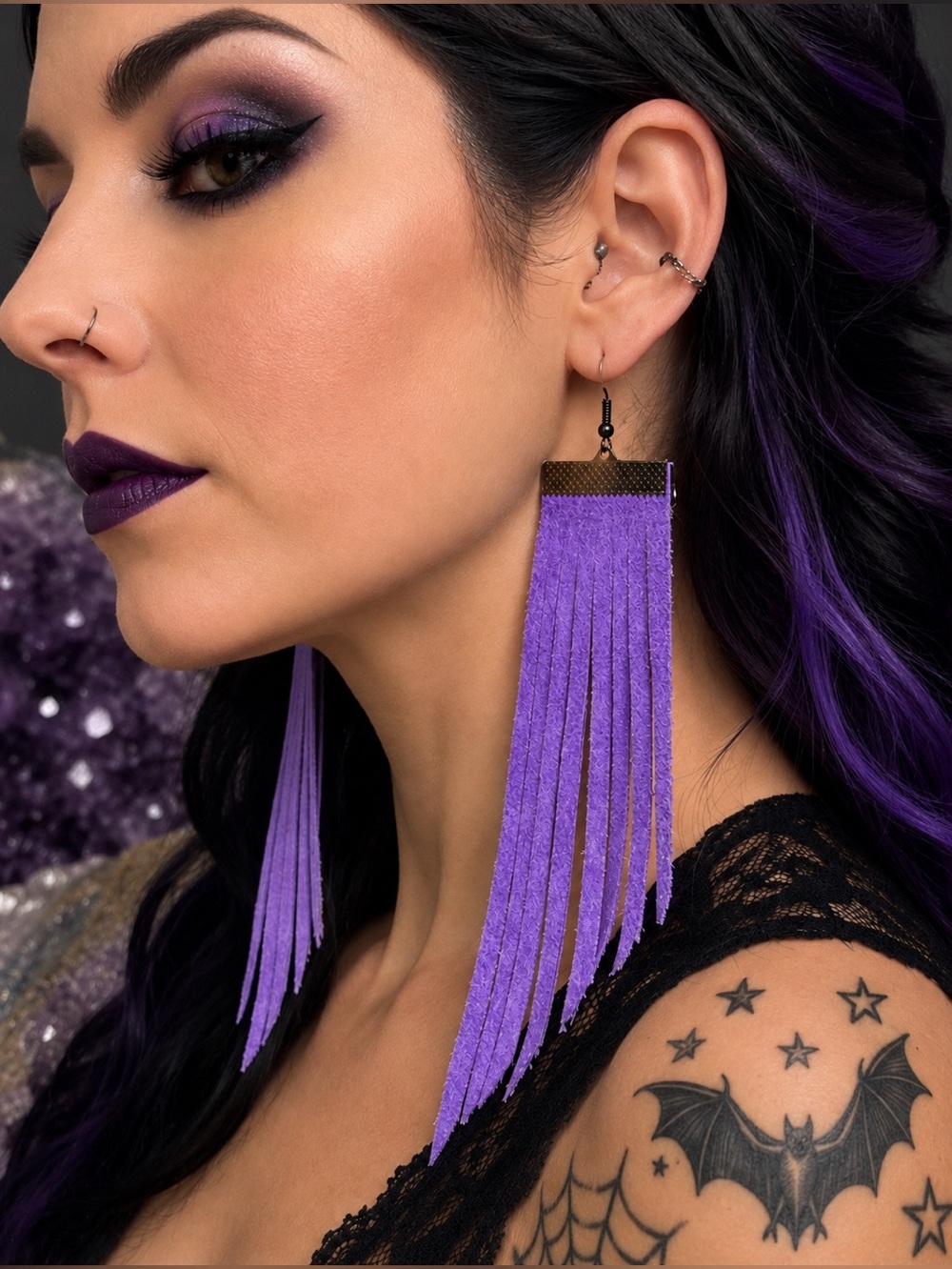 Purple Fringe Earrings | Leather Fringe | Raven’s Wings | Boho